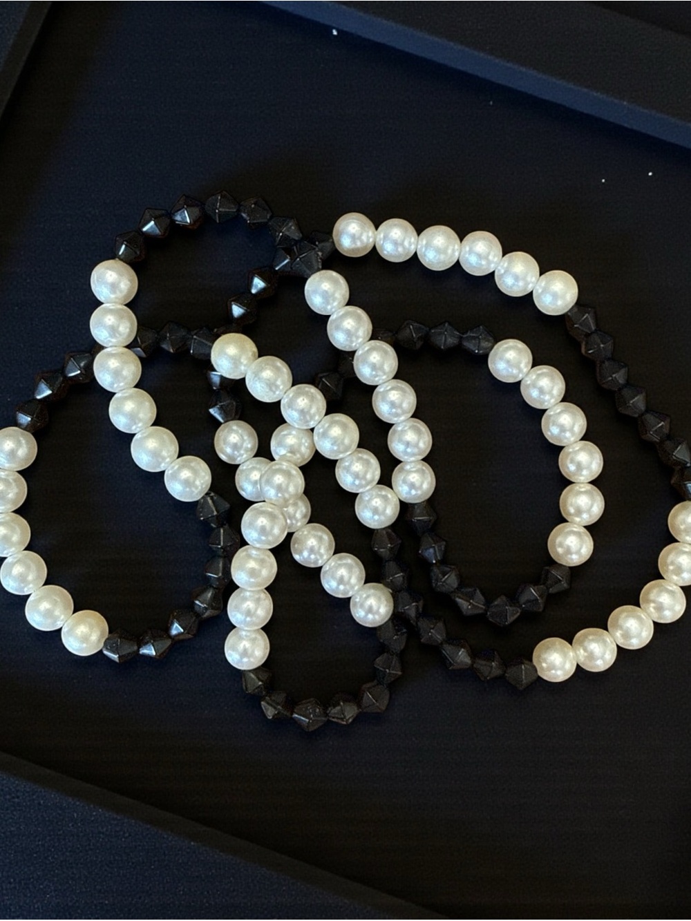 Vintage Faux Pearl / Faceted Black Bead Strand Necklace